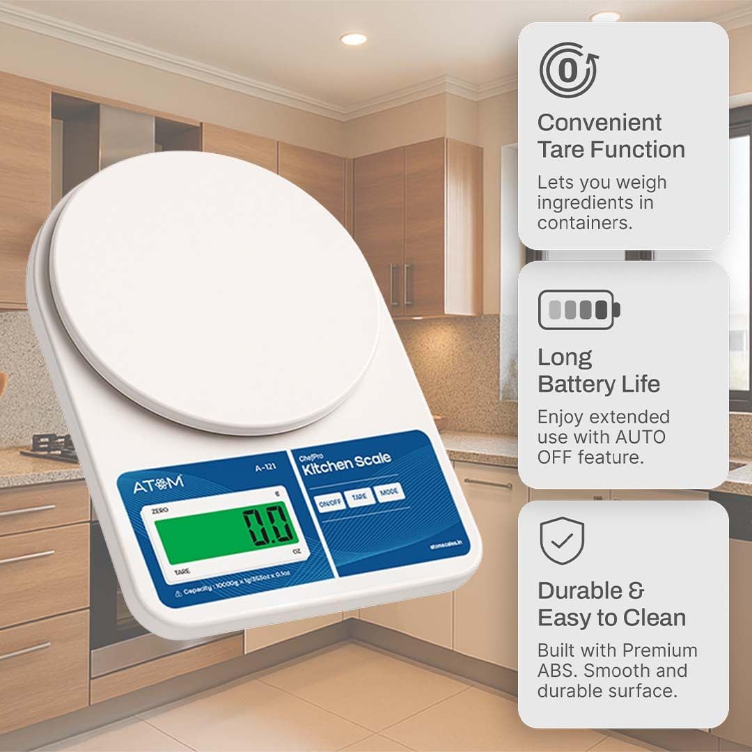 ATOM ALISTON K1 Series Digital Kitchen Weighing Scale 10 kg, Electronic Weight Machine with LCD Display for Baking, Cooking, Food & Diet, SF-400/A121. 6Months Warranty (Colour May Vary)
