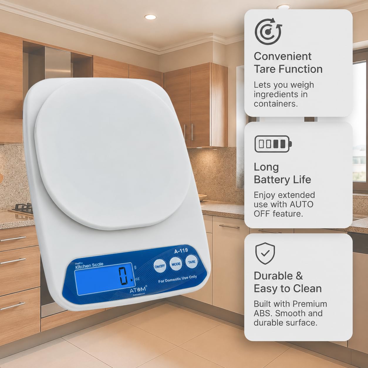 ATOM ALISTON K1 Series Digital Kitchen Weighing Scale 10 kg, Electronic Weight Machine with LCD Display for Baking, Cooking, Food & Diet, SF-400/A121. 6Months Warranty (Colour May Vary)