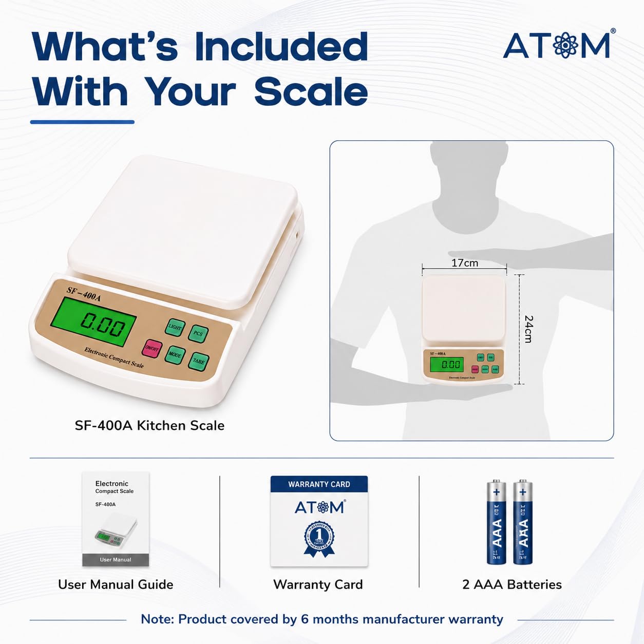 ATOM ALISTON K1 Series Digital Kitchen Weighing Scale 10 kg, Electronic Weight Machine with LCD Display for Baking, Cooking, Food & Diet, SF-400/A121. 6Months Warranty (Colour May Vary)