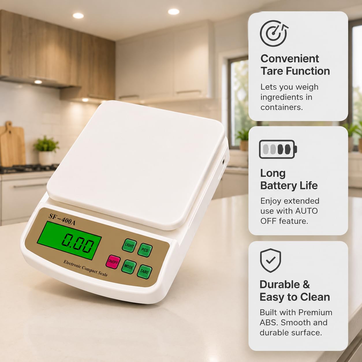 ATOM ALISTON K1 Series Digital Kitchen Weighing Scale 10 kg, Electronic Weight Machine with LCD Display for Baking, Cooking, Food & Diet, SF-400/A121. 6Months Warranty (Colour May Vary)