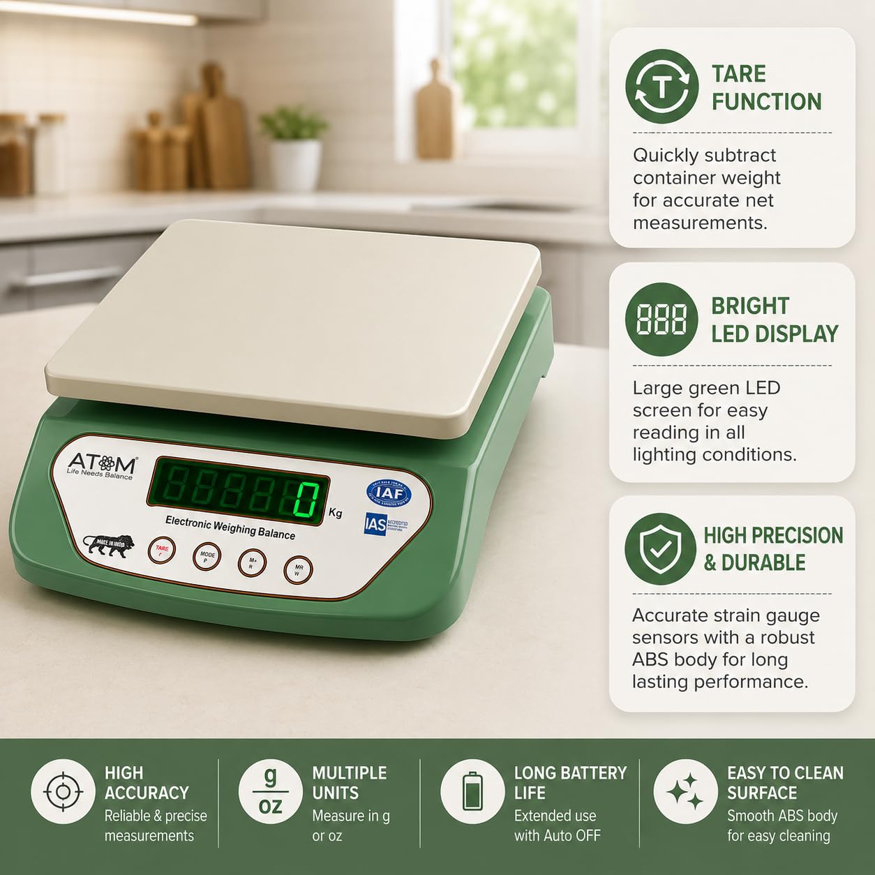 ATOM ALISTON K1 Series Digital Kitchen Weighing Scale 10 kg, Electronic Weight Machine with LCD Display for Baking, Cooking, Food & Diet, SF-400/A121. 6Months Warranty (Colour May Vary)