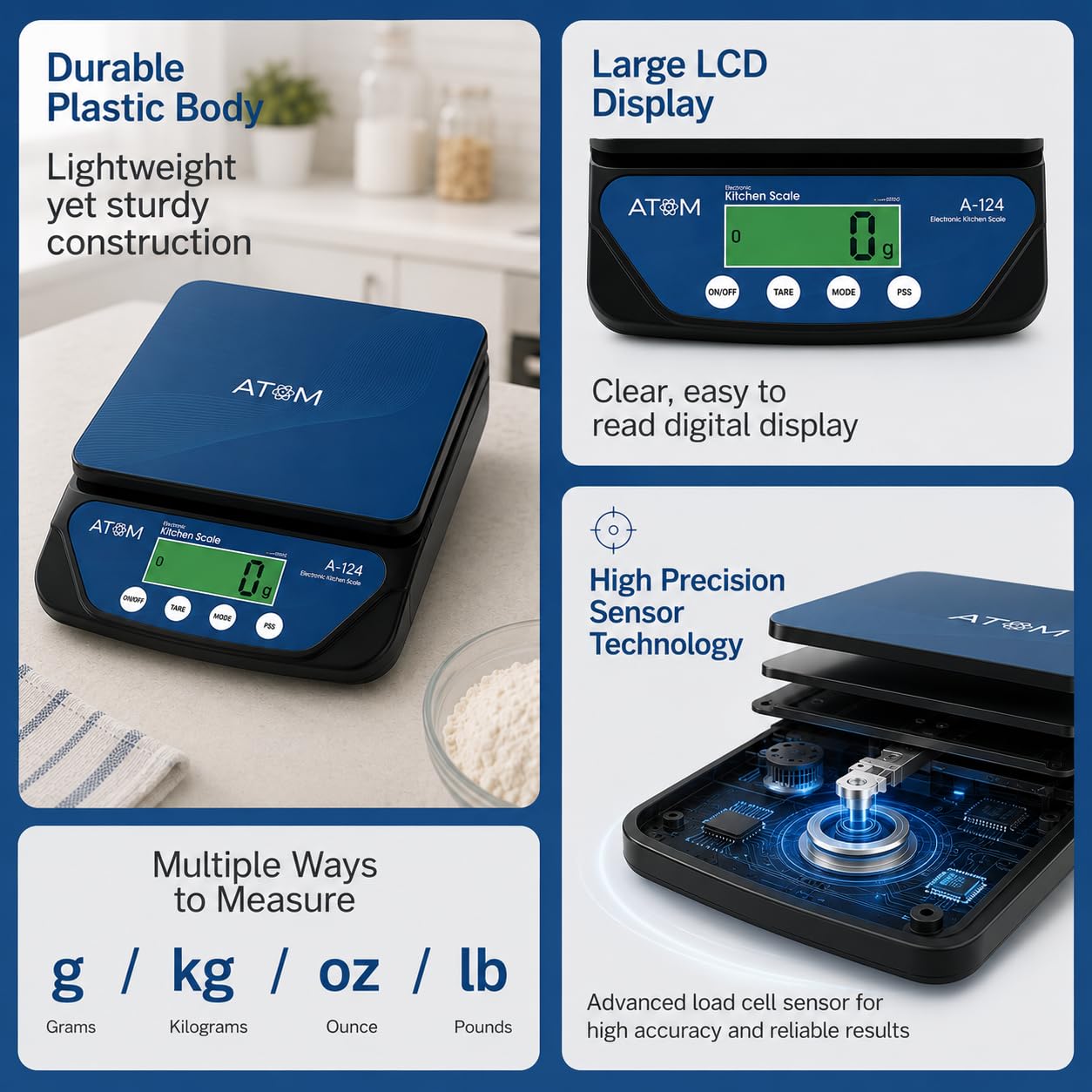 ATOM ALISTON K1 Series Digital Kitchen Weighing Scale 10 kg, Electronic Weight Machine with LCD Display for Baking, Cooking, Food & Diet, SF-400/A121. 6Months Warranty (Colour May Vary)