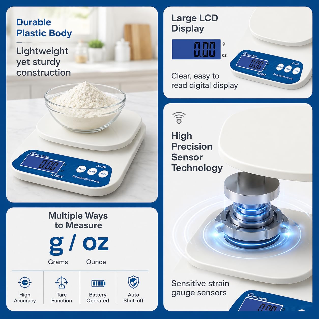 ATOM ALISTON K1 Series Digital Kitchen Weighing Scale 10 kg, Electronic Weight Machine with LCD Display for Baking, Cooking, Food & Diet, SF-400/A121. 6Months Warranty (Colour May Vary)